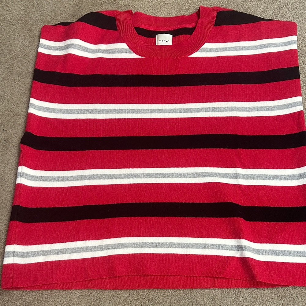 Anthropology Maeve Red and Black Striped Crewneck Sweater.